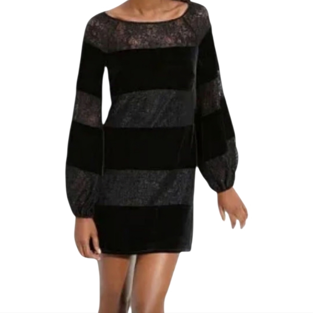 Laundry By Shelli Segal Black Velvet & Lace Striped Dress